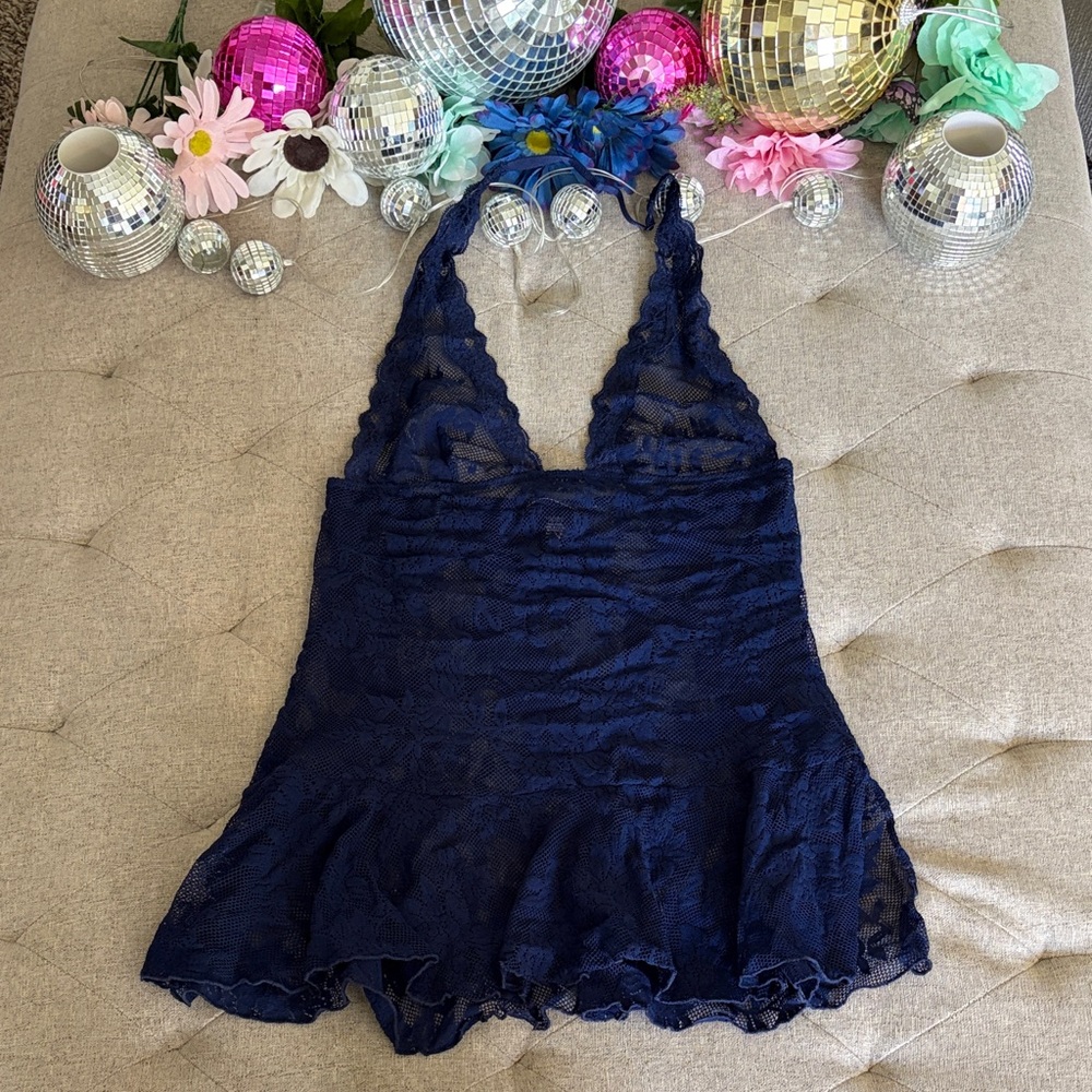 Victoria's Secret Navy Lace Halter Flared Chemise